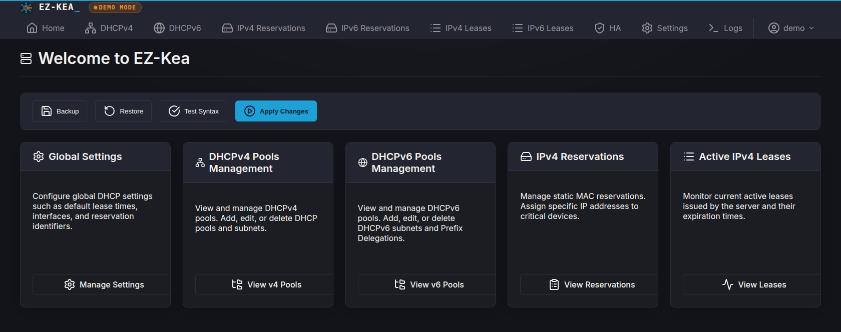 The EZ-Kea home screen: a navigation bar carrying DHCPv4, DHCPv6, IPv4 and IPv6 reservations, IPv4 and IPv6 leases, HA, settings and logs; a row of backup, restore, test-syntax and apply-changes actions; and cards linking to each pools, reservations and leases view