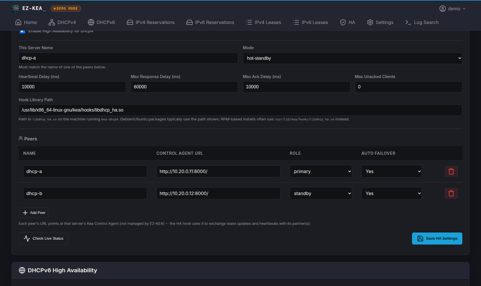 The Kea high availability page, showing hot-standby mode, heartbeat and response timers, the libdhcp_ha.so hook library path, and a peer table with a primary and a standby server