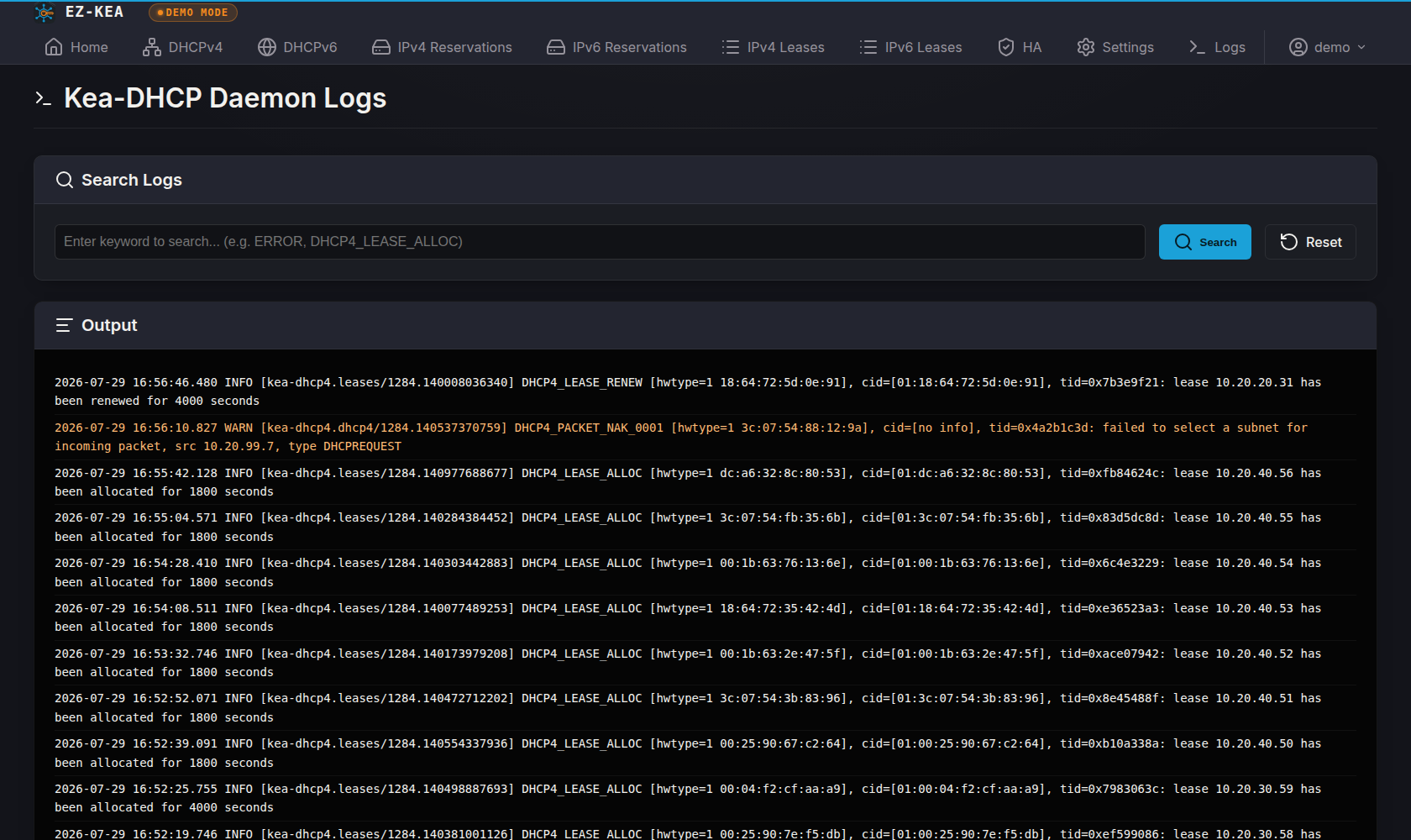 The searchable Kea daemon log viewer