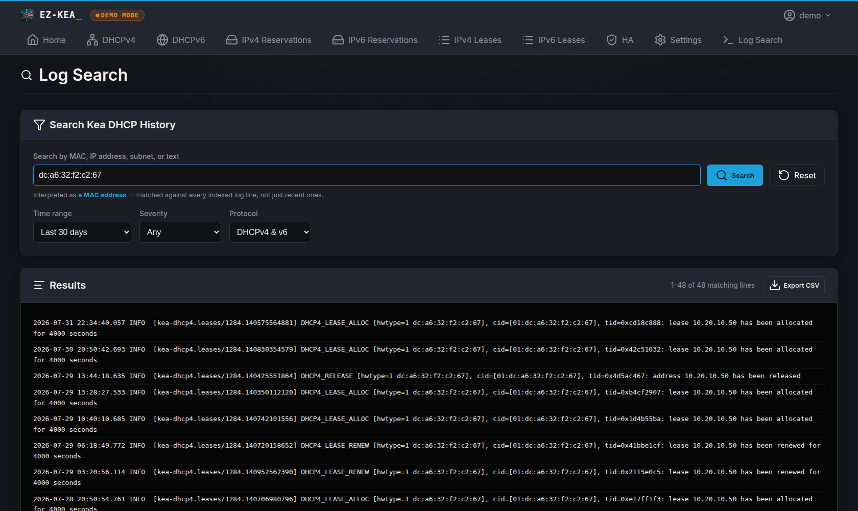Kea DHCP log search: a MAC address typed into the search box, recognised as a MAC, returning 48 matching log lines spanning several days of lease allocations, renewals and releases, with a CSV export button