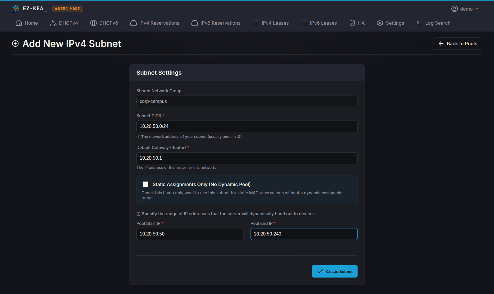 The add-new-IPv4-subnet form, with fields for the shared network group, subnet CIDR, default gateway, a static-assignments-only toggle, and the pool start and end addresses