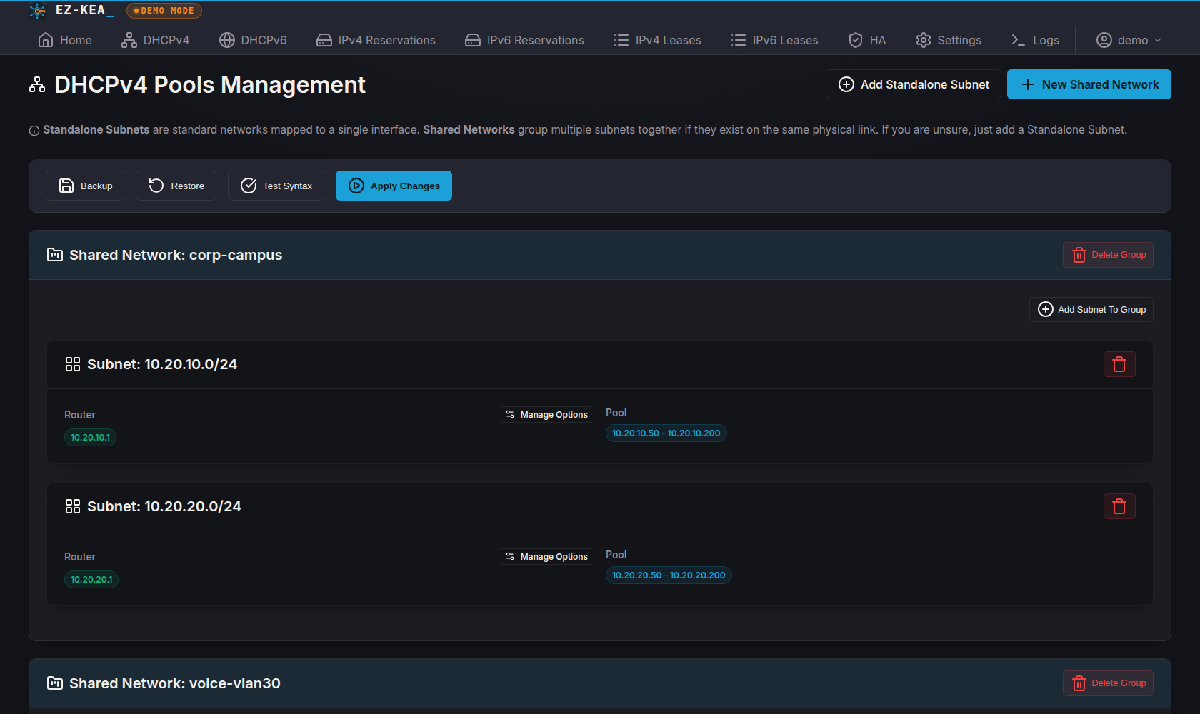 EZ-Kea managing DHCPv4 shared networks and address pools