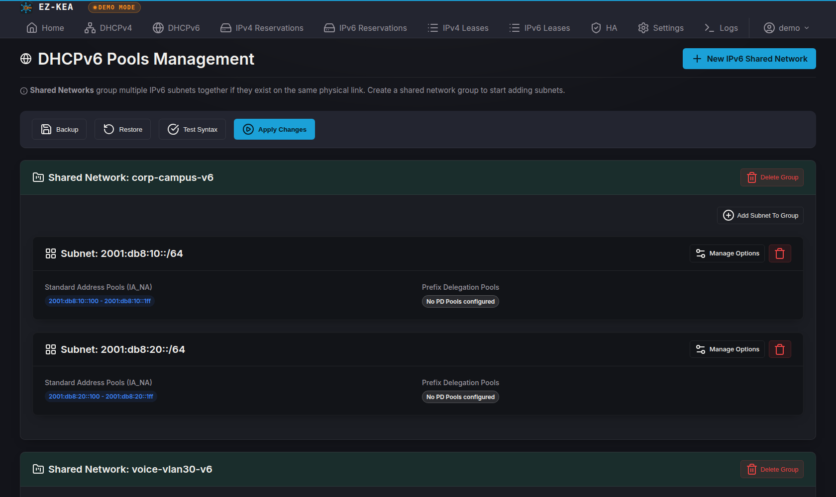 The DHCPv6 pools view, showing IPv6 subnets, address pools, and a prefix-delegation pool